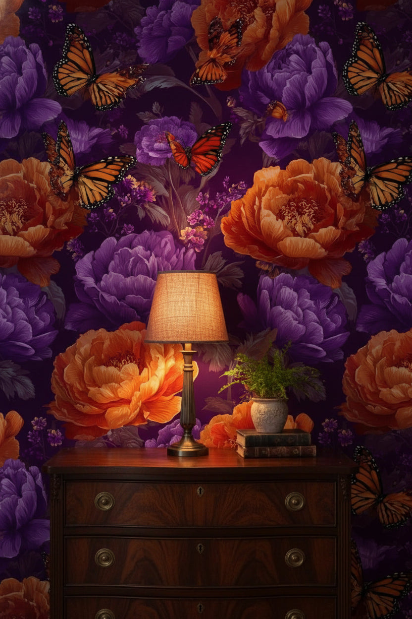 Vibrant Purple and Orange Floral Butterfly Wallpaper