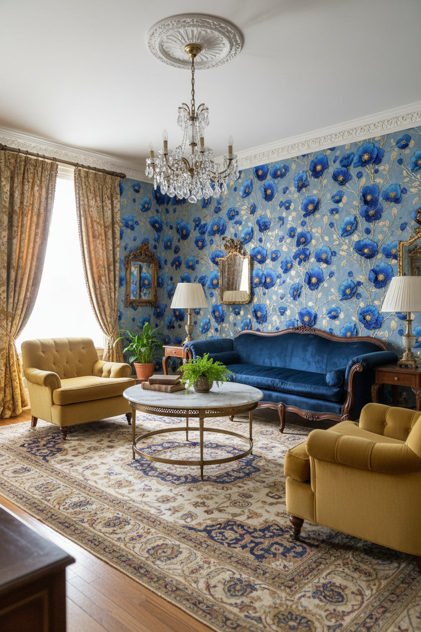 Royal Blue and Gold Look Large Floral Wallpaper