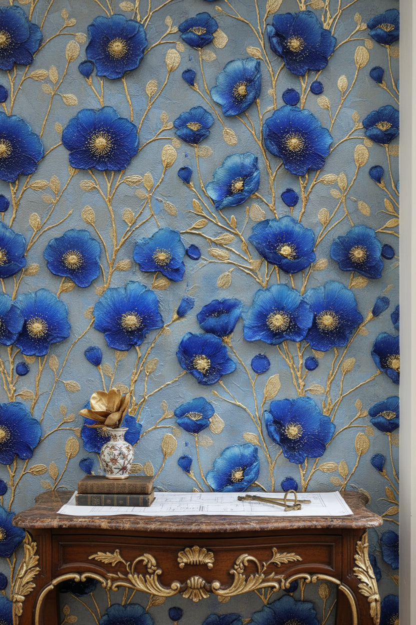 Royal Blue and Gold Look Large Floral Wallpaper
