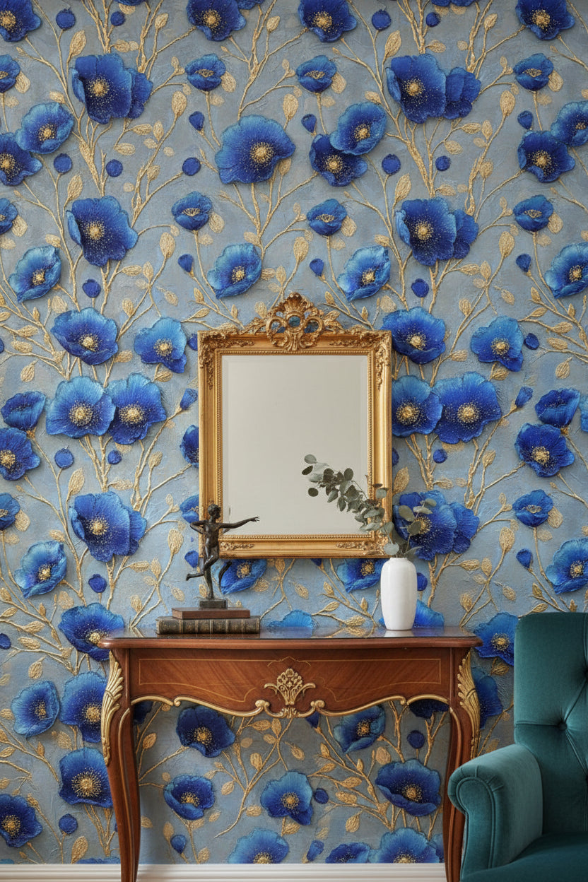 Royal Blue and Gold Look Large Floral Wallpaper