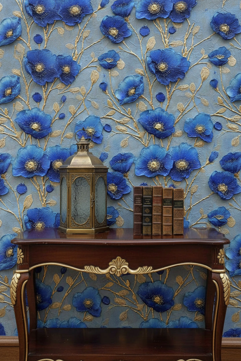 Royal Blue and Gold Look Large Floral Wallpaper