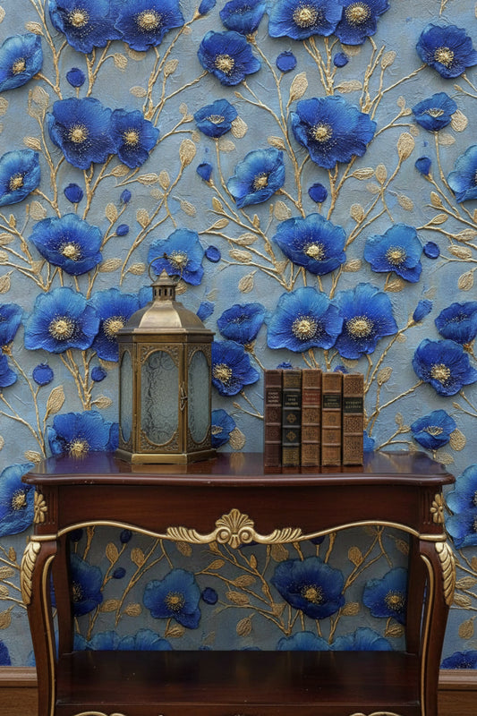 Royal Blue and Gold Look Large Floral Wallpaper
