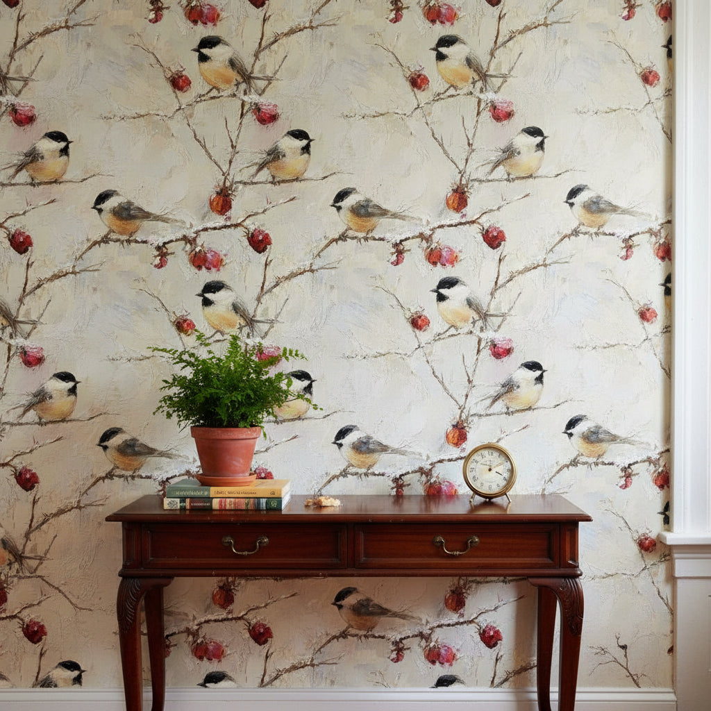 Cream Chicadee and Berry Wallpaper