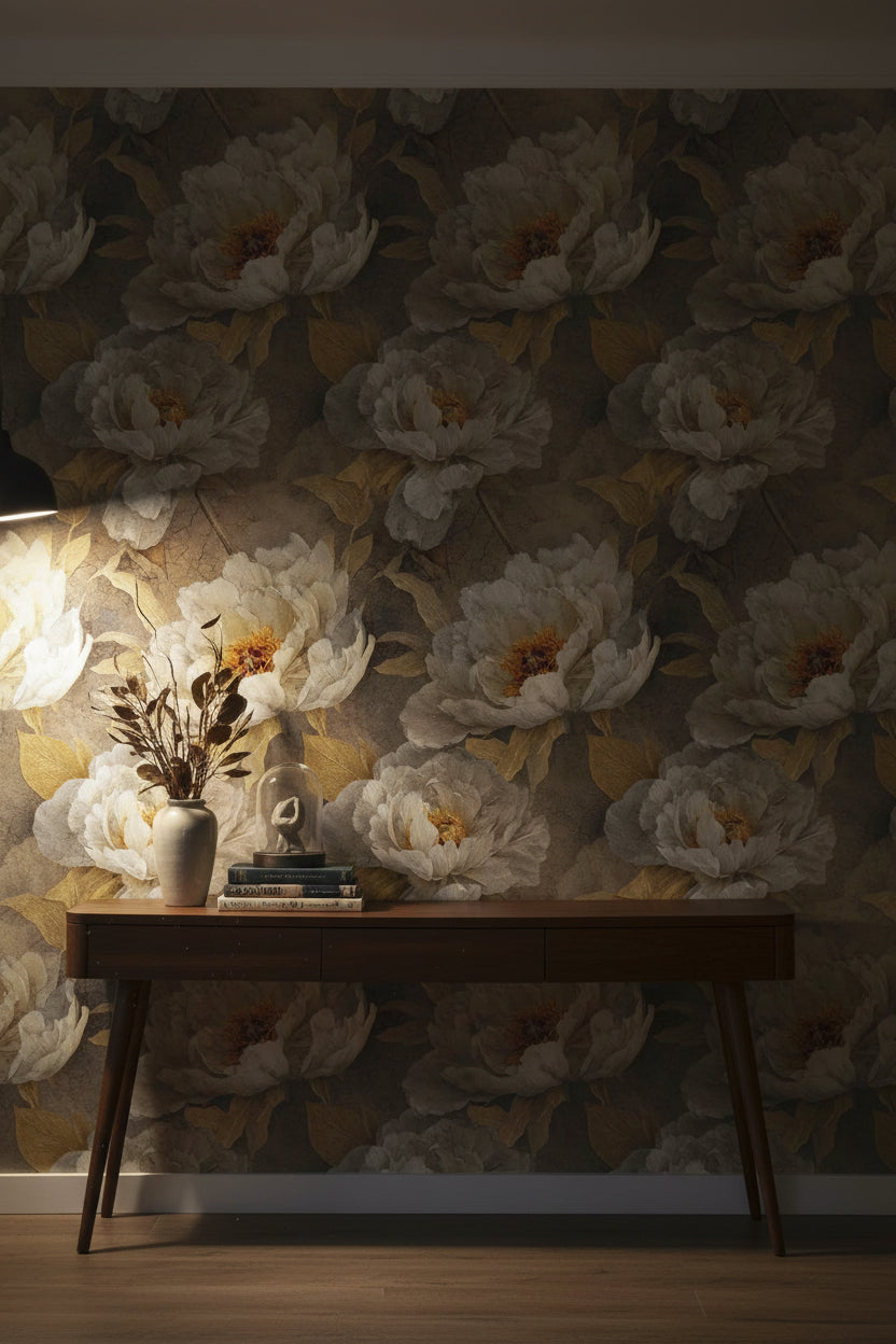 Warm Gray and Gold Look Peony Floral Wallpaper
