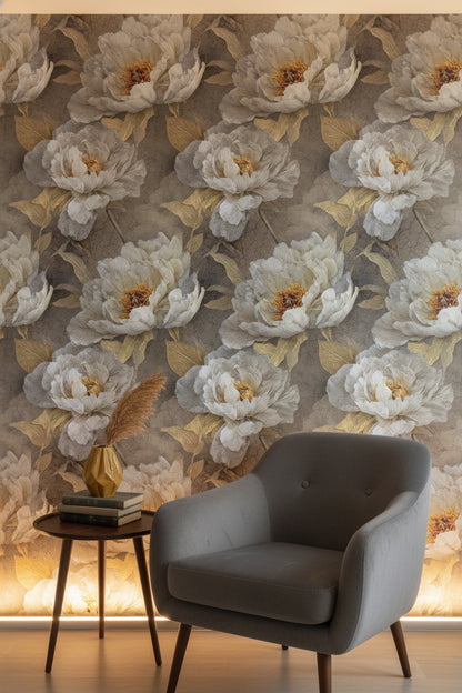 Warm Gray and Gold Look Peony Floral Wallpaper