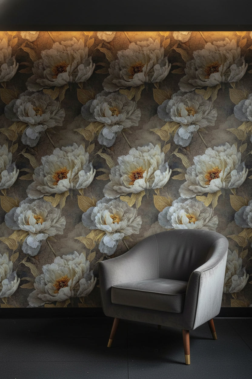 Warm Gray and Gold Look Peony Floral Wallpaper