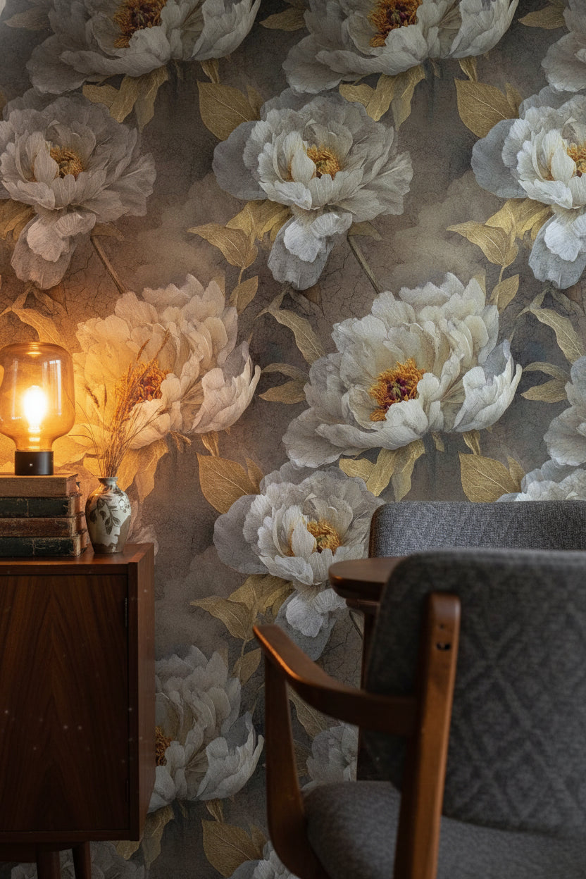 Warm Gray and Gold Look Peony Floral Wallpaper
