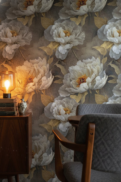 Warm Gray and Gold Look Peony Floral Wallpaper