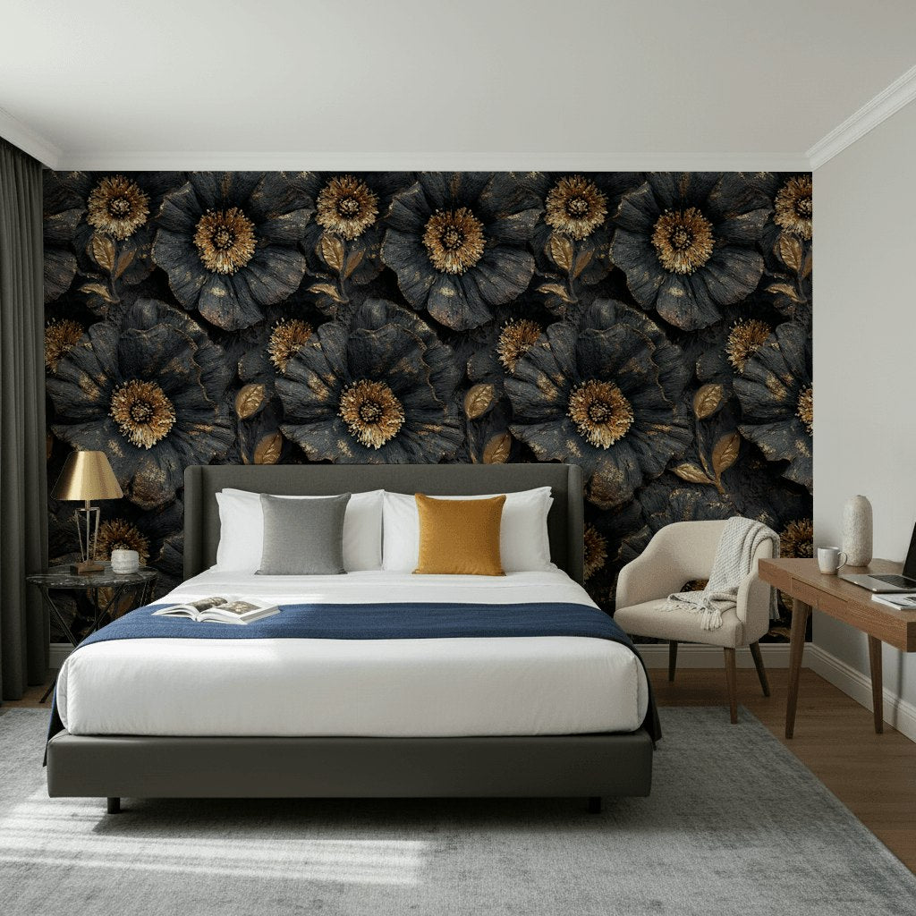 Golden Look Black Textured Large Floral Wallpaper