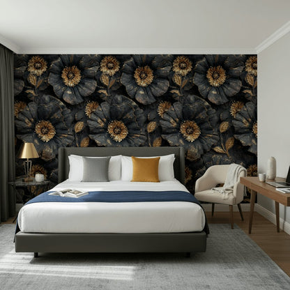 Golden Look Black Textured Large Floral Wallpaper