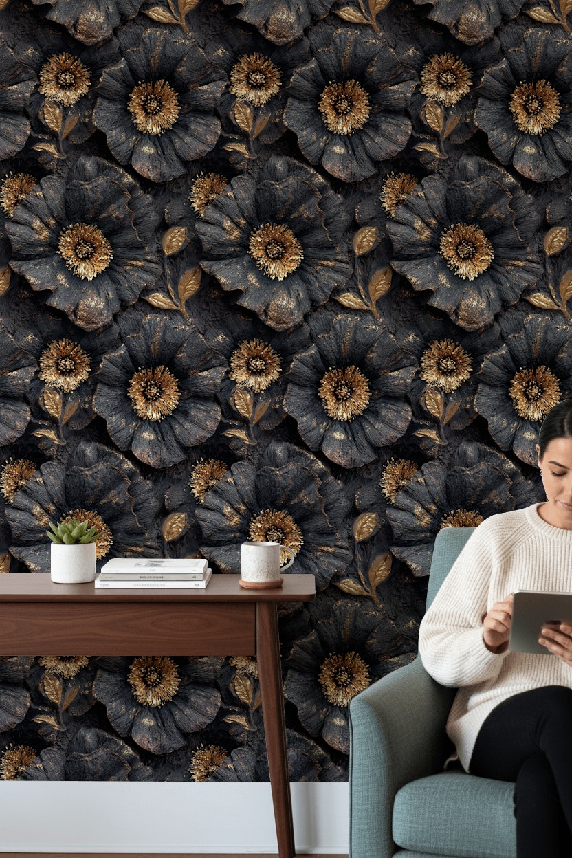 Golden Look Black Textured Large Floral Wallpaper