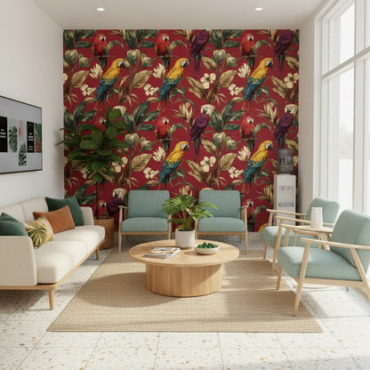 Burgundy Tropical Parrot Floral Wallpaper