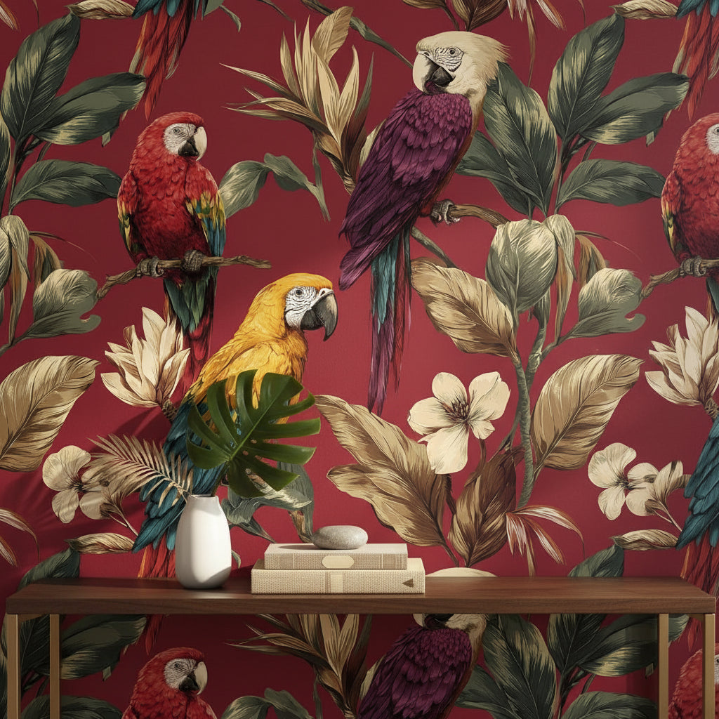 Burgundy Tropical Parrot Floral Wallpaper