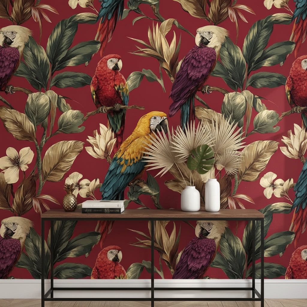 Burgundy Tropical Parrot Floral Wallpaper