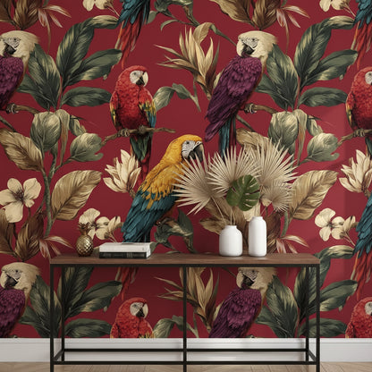 Burgundy Tropical Parrot Floral Wallpaper