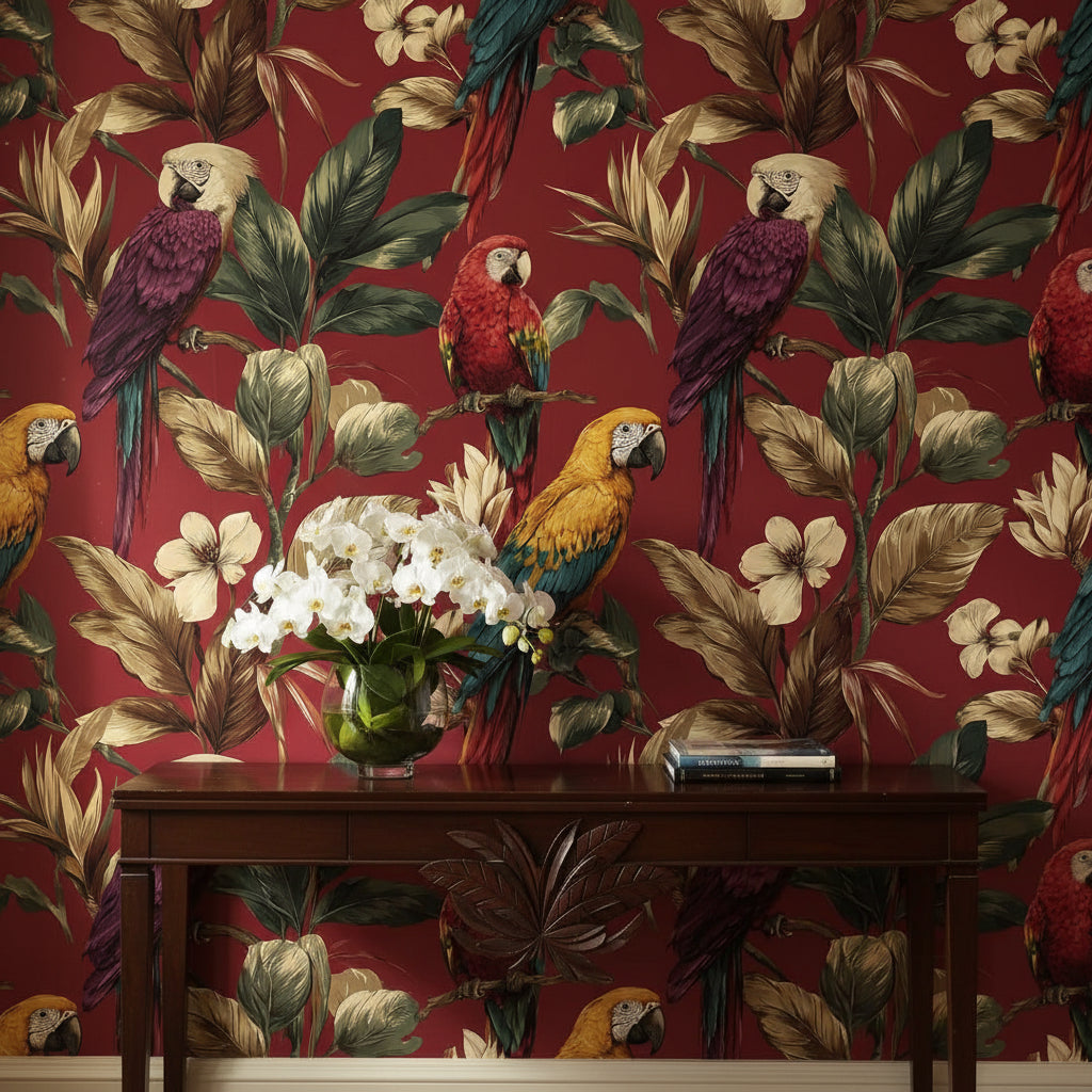 Burgundy Tropical Parrot Floral Wallpaper