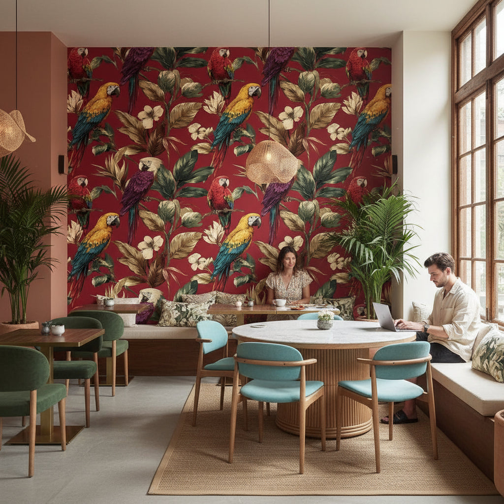 Burgundy Tropical Parrot Floral Wallpaper