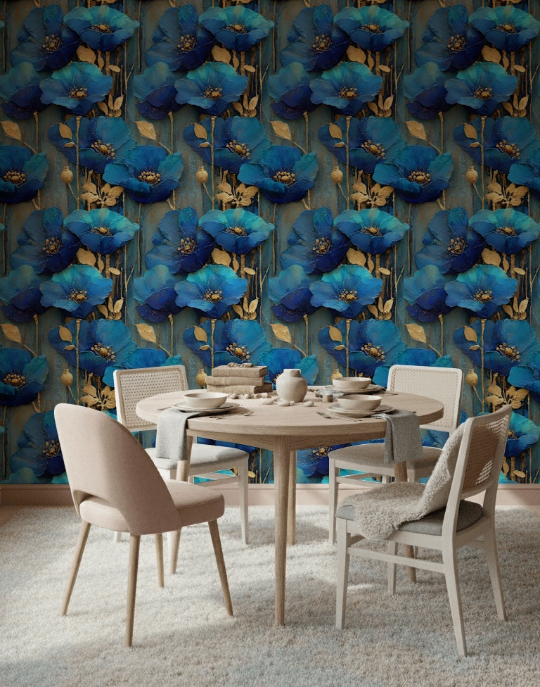 Opulent Sapphire Blue Poppies Floral Wallpaper