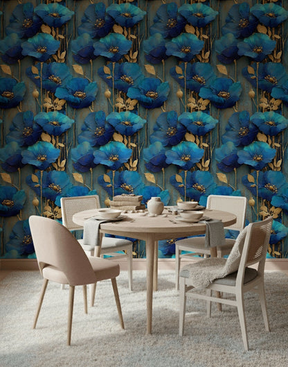 Opulent Sapphire Blue Poppies Floral Wallpaper