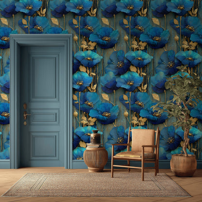 Opulent Sapphire Blue Poppies Floral Wallpaper