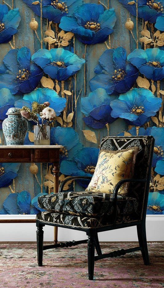 Opulent Sapphire Blue Poppies Floral Wallpaper