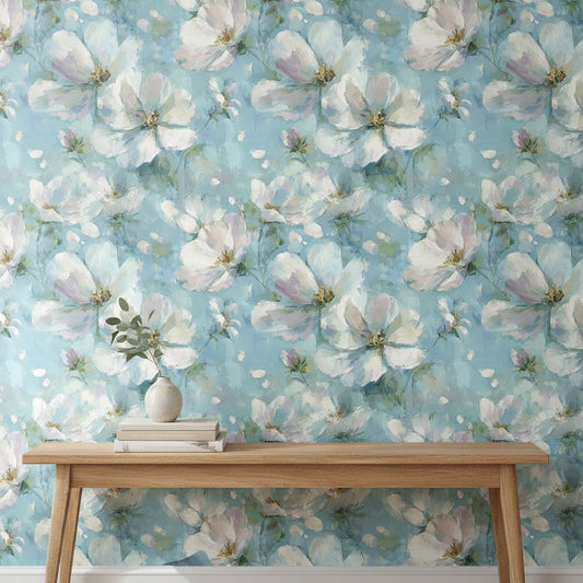 Sky Blue Watercolor Blossom Floral Wallpaper