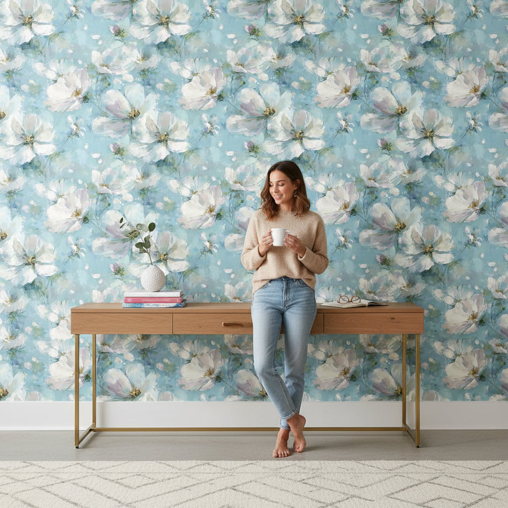 Sky Blue Watercolor Blossom Floral Wallpaper