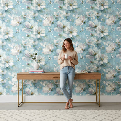 Sky Blue Watercolor Blossom Floral Wallpaper