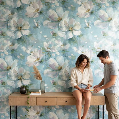 Sky Blue Watercolor Blossom Floral Wallpaper