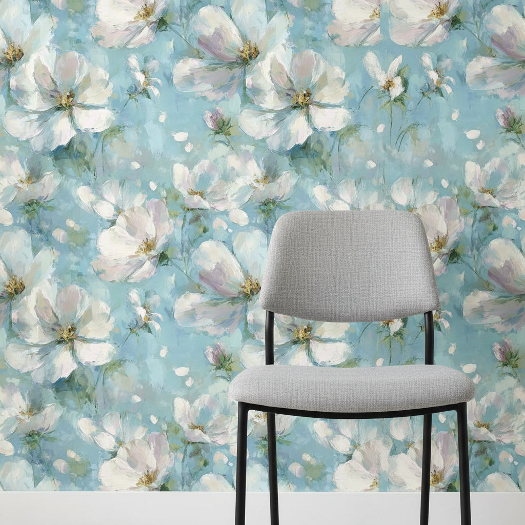 Sky Blue Watercolor Blossom Floral Wallpaper