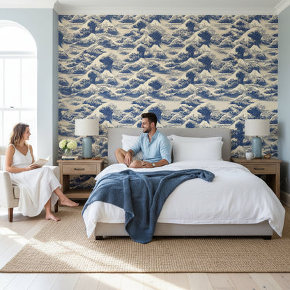 Cream and Blue Japanese Wave Pattern Wallpaper