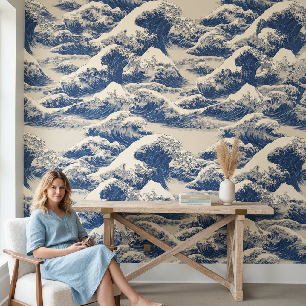 Cream and Blue Japanese Wave Pattern Wallpaper