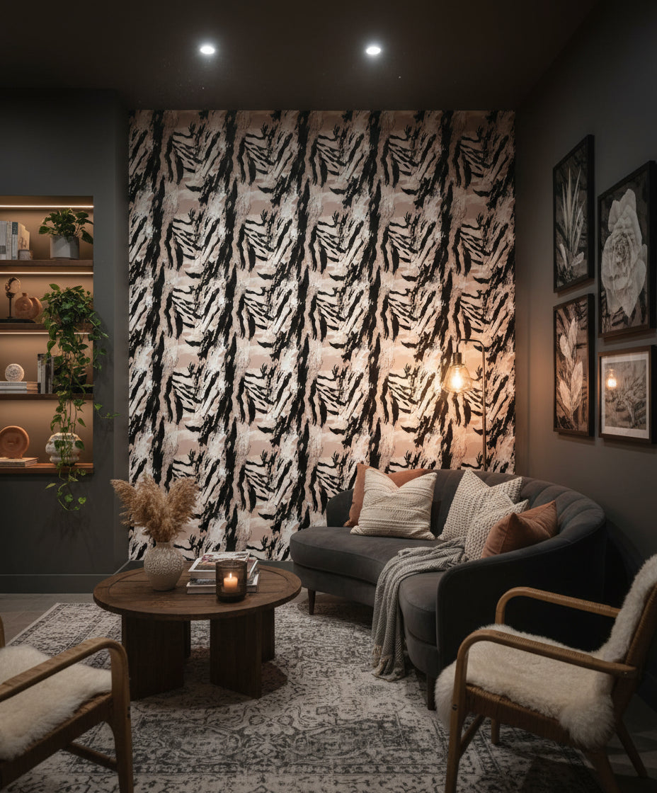 Black and Beige Abstract Brushstroke Wallpaper