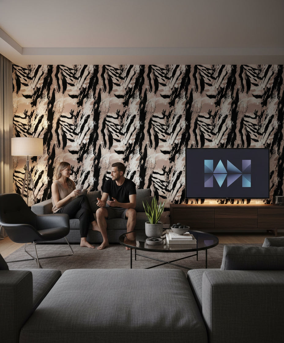 Black and Beige Abstract Brushstroke Wallpaper