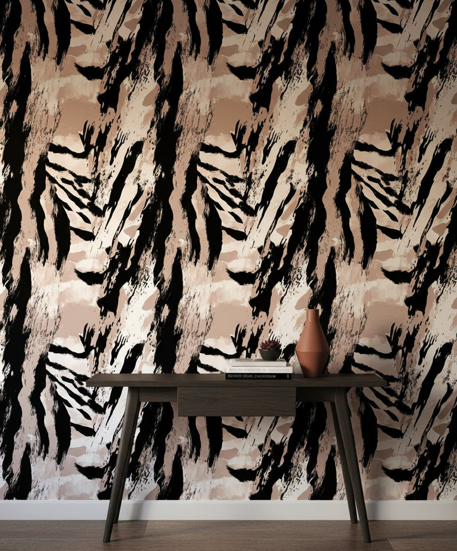 Black and Beige Abstract Brushstroke Wallpaper