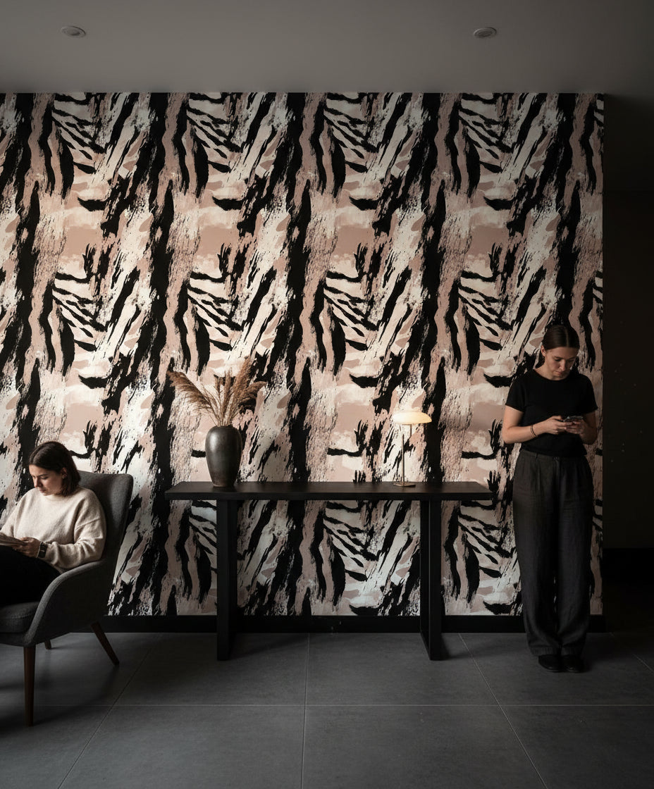 Black and Beige Abstract Brushstroke Wallpaper