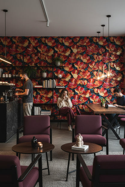 Vibrant Crimson Floral on Deep Black Wallpaper