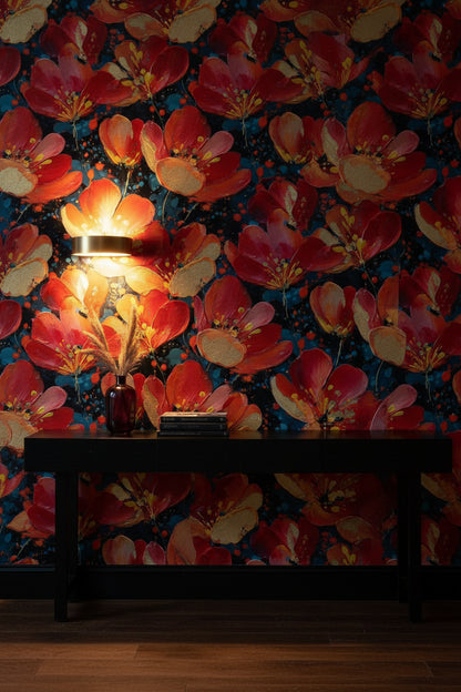 Vibrant Crimson Floral on Deep Black Wallpaper