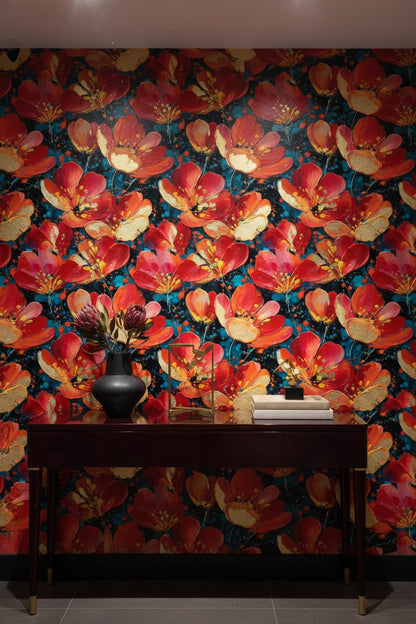 Vibrant Crimson Floral on Deep Black Wallpaper