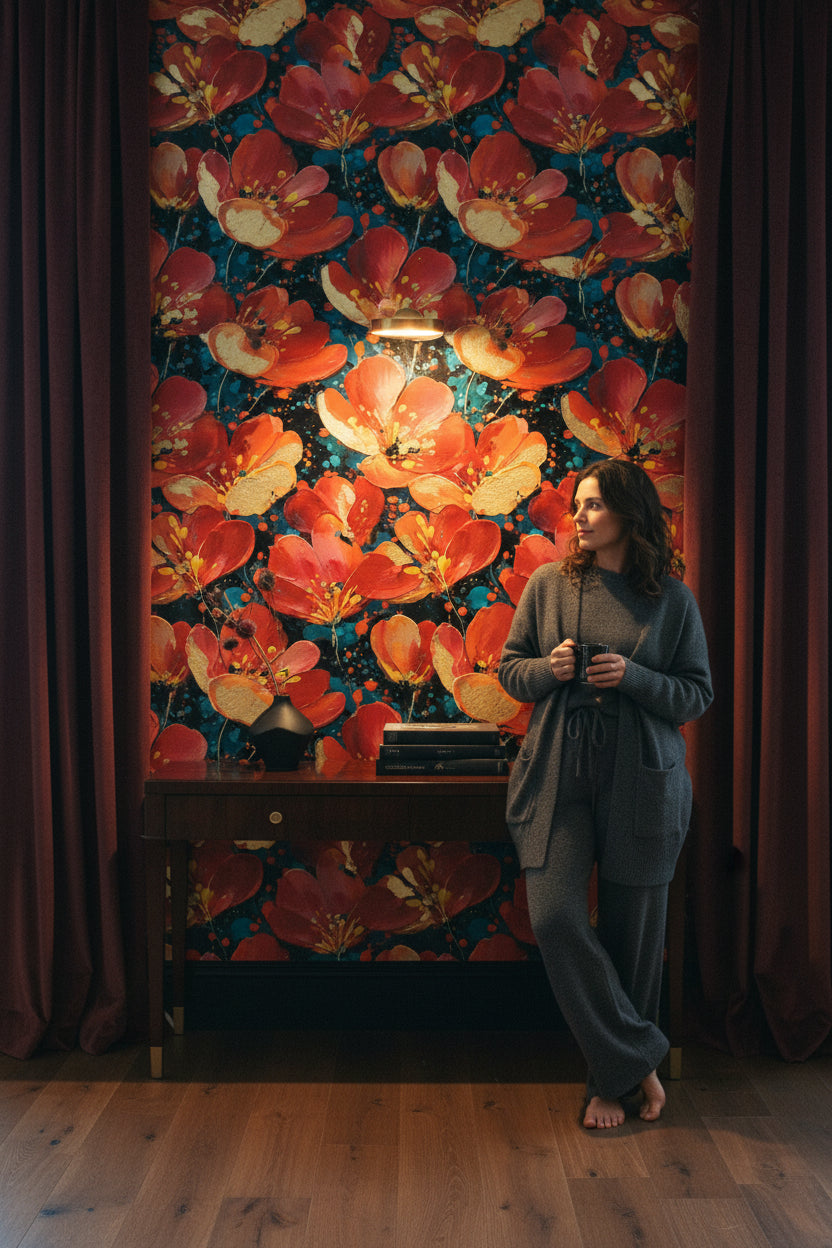 Vibrant Crimson Floral on Deep Black Wallpaper