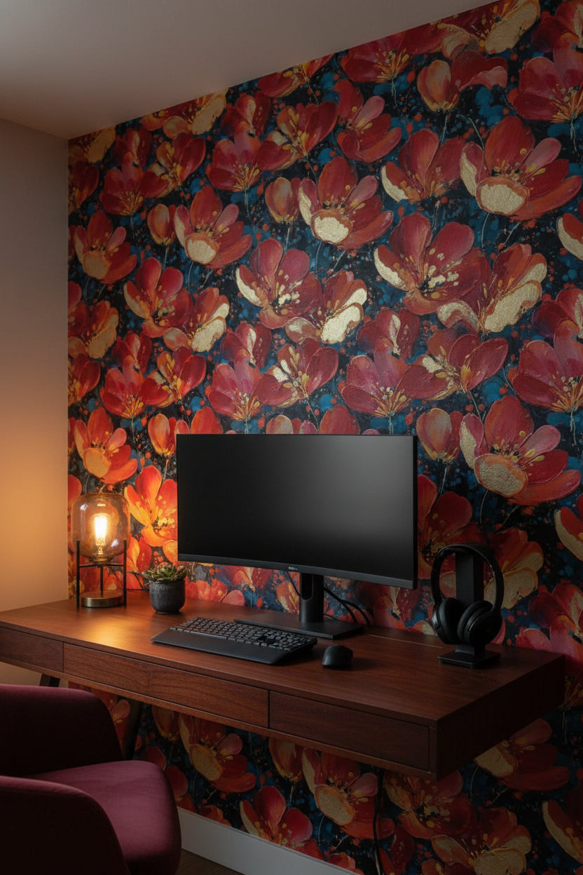 Vibrant Crimson Floral on Deep Black Wallpaper