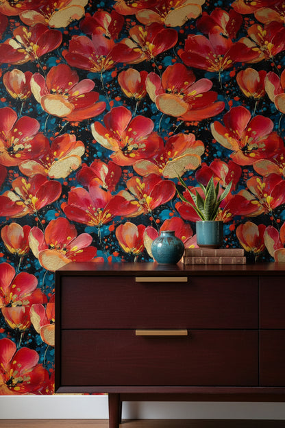 Vibrant Crimson Floral on Deep Black Wallpaper