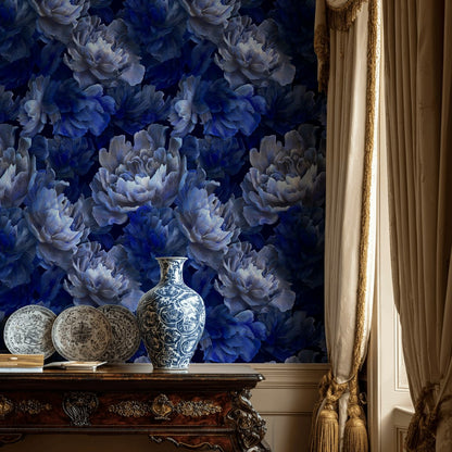Midnight Blue Peony Floral Wallpaper