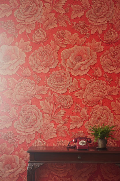 Rich Scarlet Large Floral Embossed Wallpaper