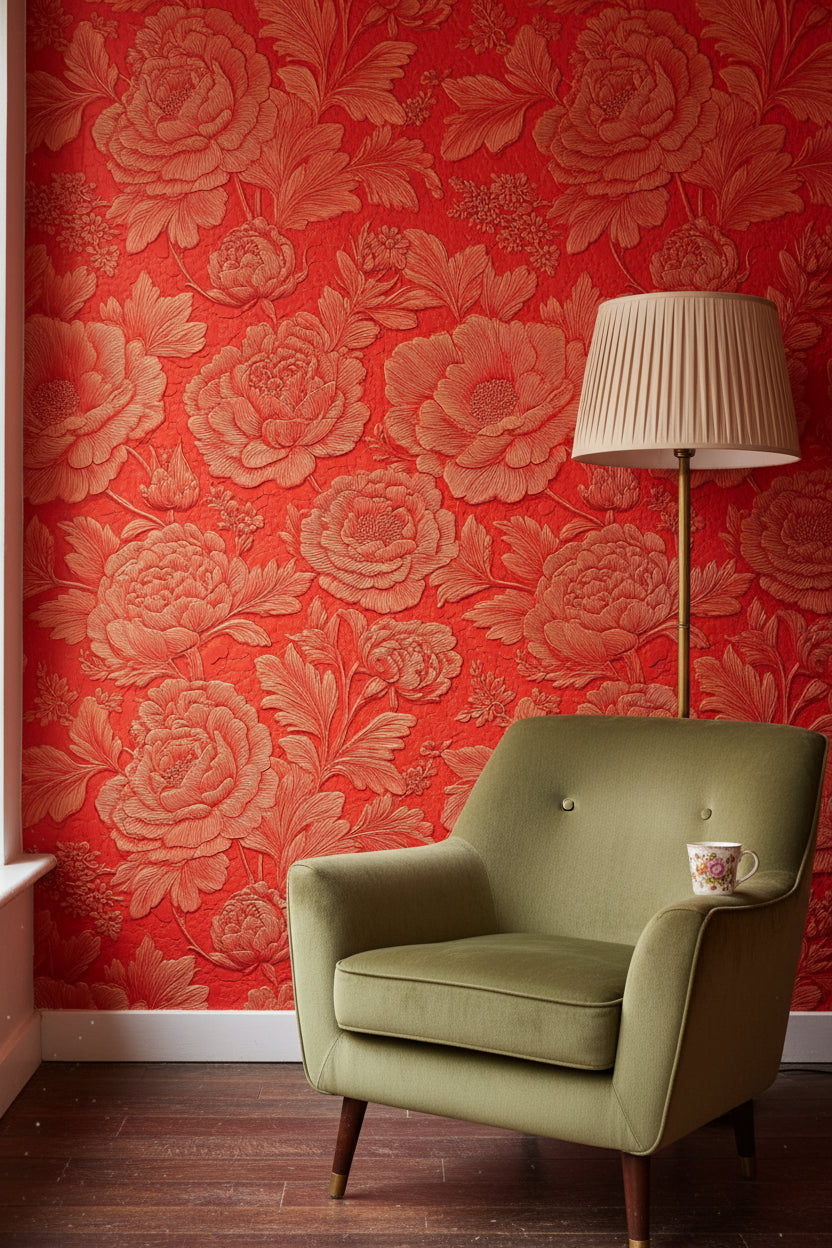 Rich Scarlet Large Floral Embossed Wallpaper