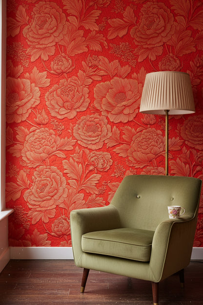 Rich Scarlet Large Floral Embossed Wallpaper