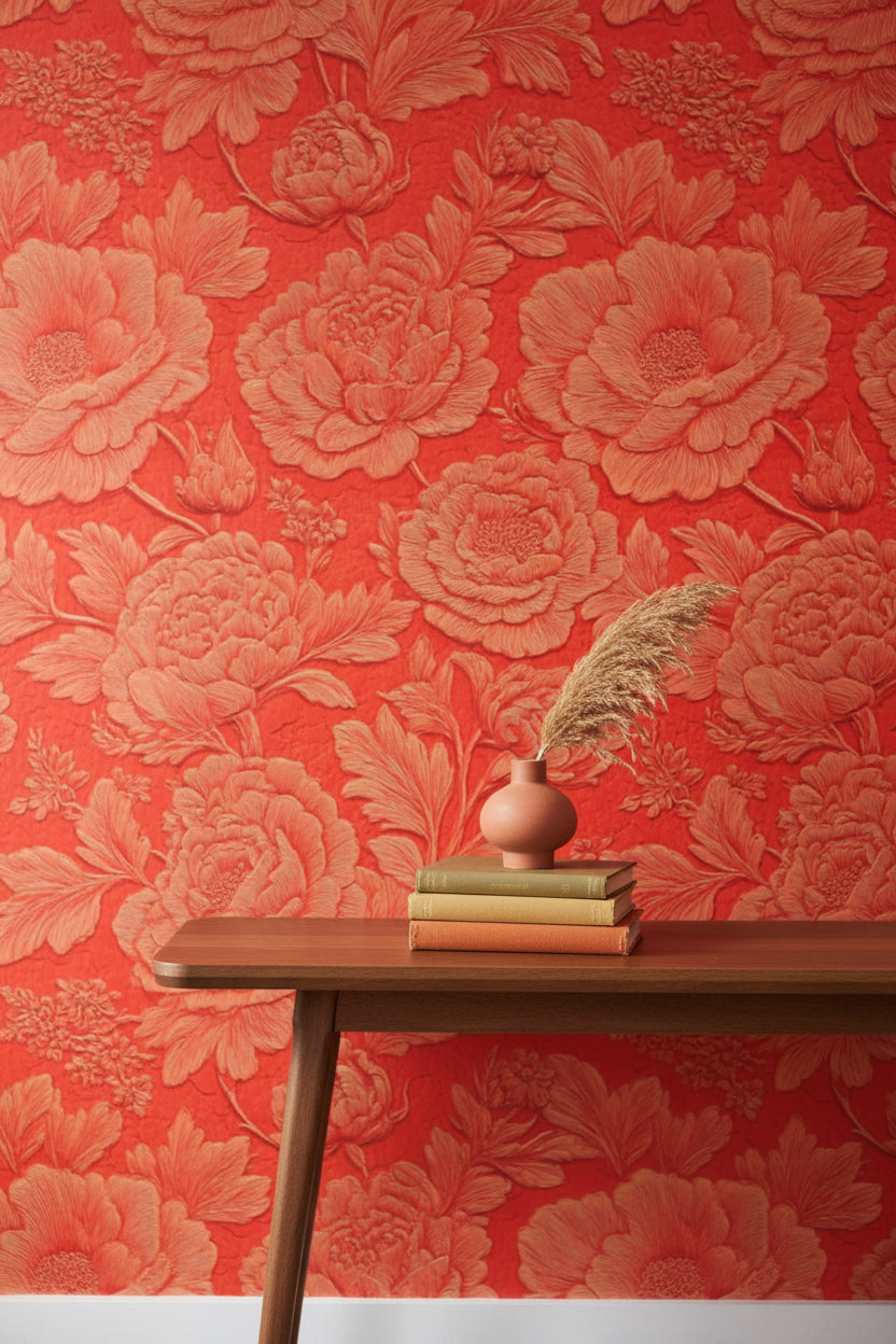 Rich Scarlet Large Floral Embossed Wallpaper