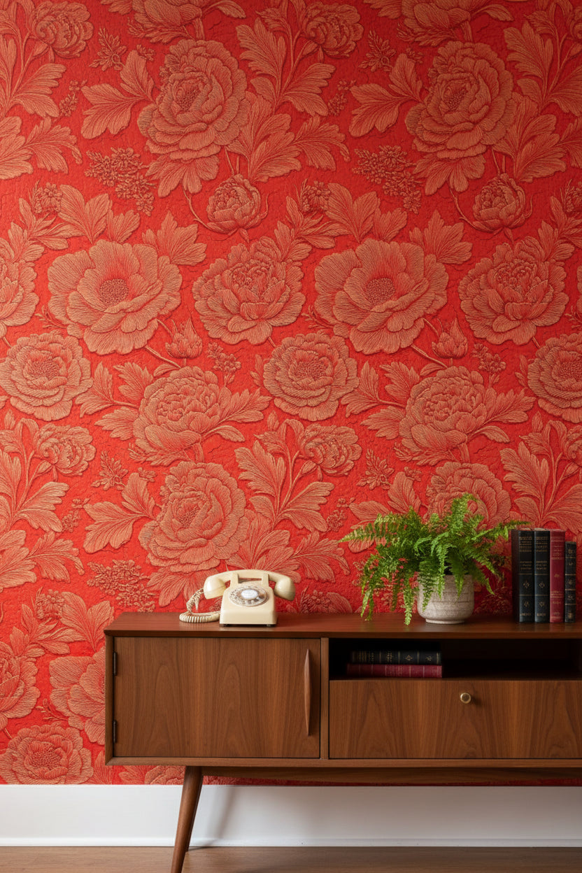 Rich Scarlet Large Floral Embossed Wallpaper