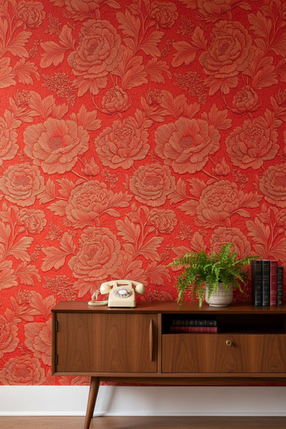 Rich Scarlet Large Floral Embossed Wallpaper