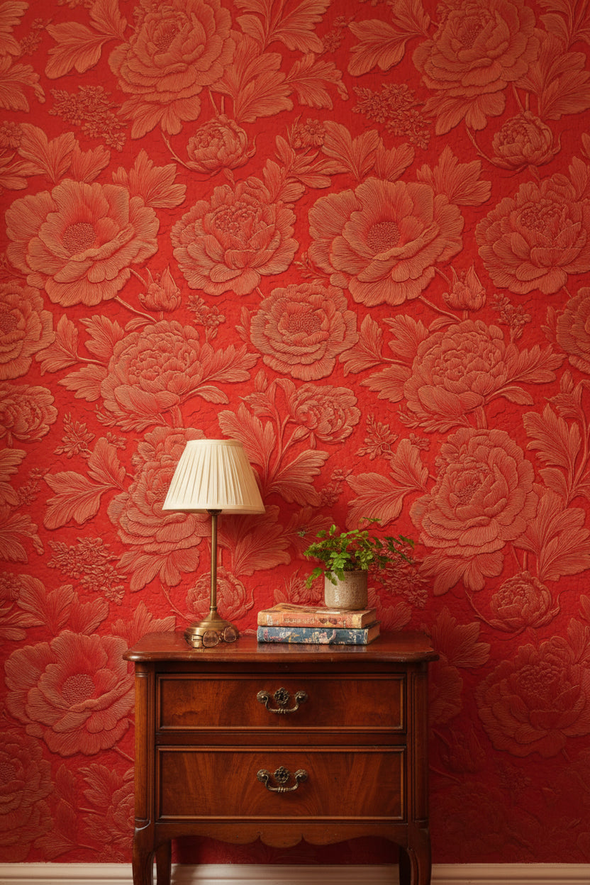 Rich Scarlet Large Floral Embossed Wallpaper